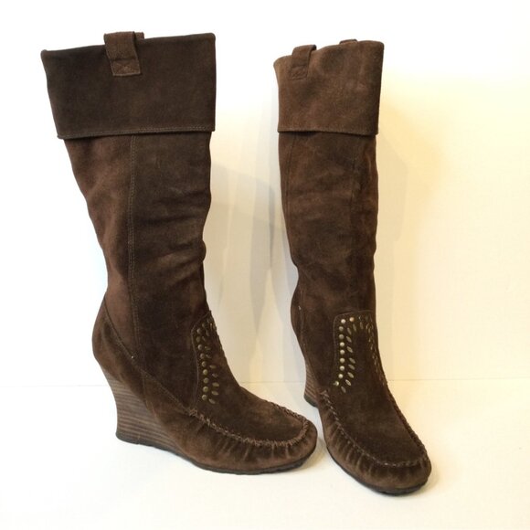 Sam Edelman Brown Suede Leather Moccasin Style Wedge Boots Size 8 M Tall - Picture 10 of 12